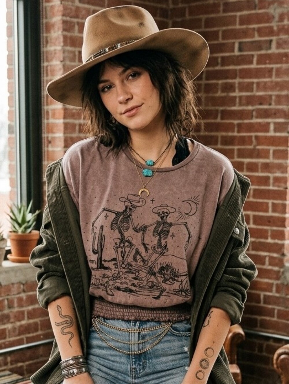 Youth in Revolt Brown Dancing Cowboy Skeletons T-Shirt Size S Boho Western